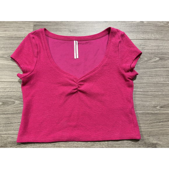 Anthropologie Top Womens M Pink Textured Knit Short Sleeve Ruched Bust Stretchy - Picture 1 of 8